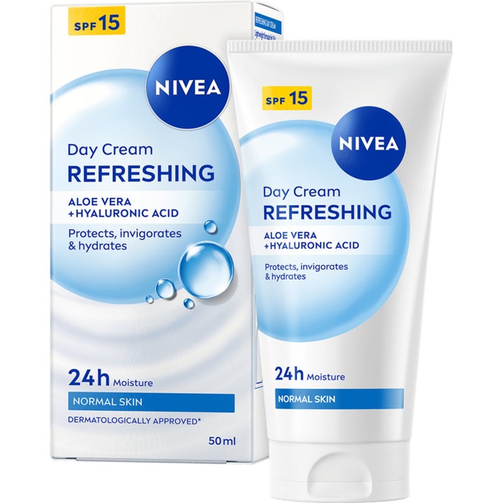 Nivea Refreshing Day Cream 50 ml fuktighetsgivende dagkrem med SPF 15 i hvit tube og eske med blå vanndråper.