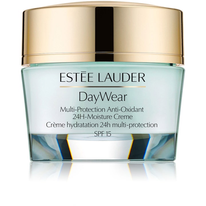 Estée Lauder DayWear 24H-Moisture Creme SPF 15 fuktighetsgivende dagkrem i lyseblå glasskrukke med gullfarget lokk.