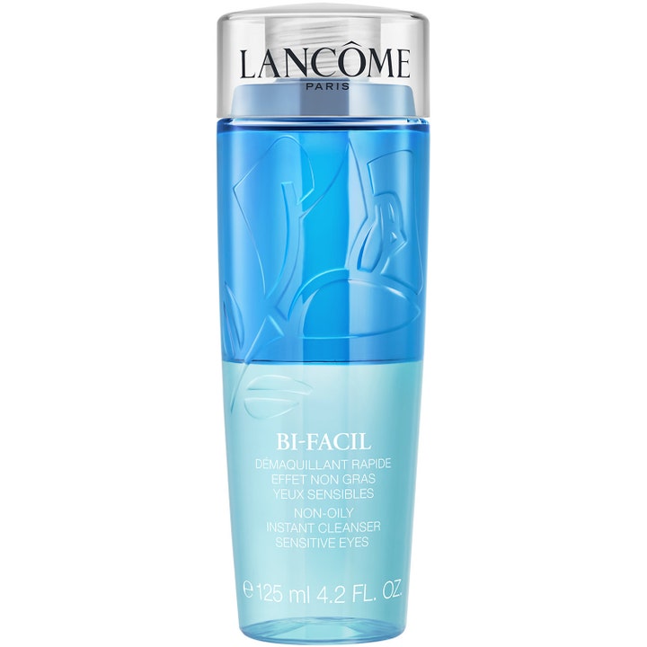 Lancôme Bi-Facil 125 ml to-faset øyesminkefjerner som fjerner sminke skånsomt i blå plastflaske med preget rose.