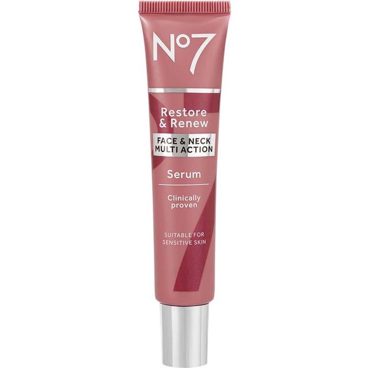 No7 Restore & Renew Face & Neck Serum 30 ml for glød i en støvrosa tube med sølvfarget kork