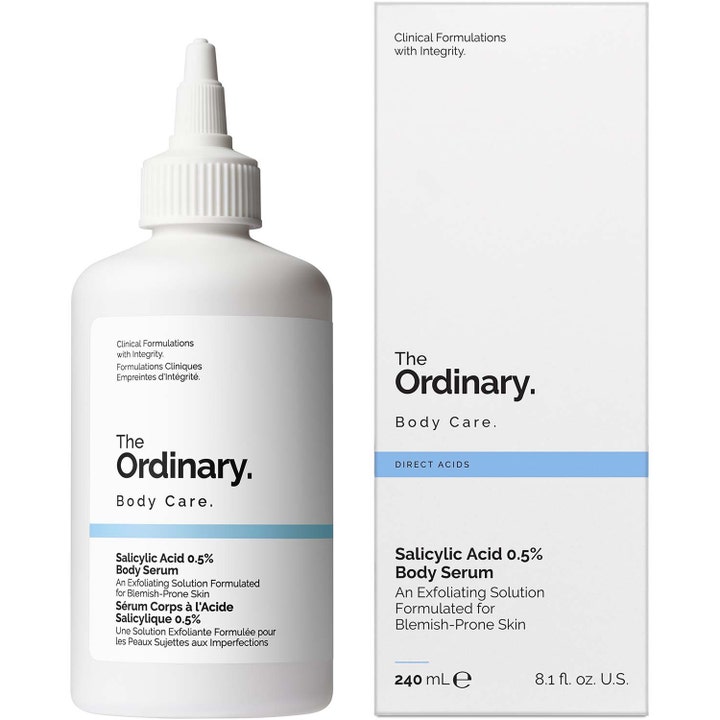 The Ordinary Salicylic Acid 0.5% Body Serum 240 ml eksfolierende kroppsserum i hvit flaske med tut og eske
