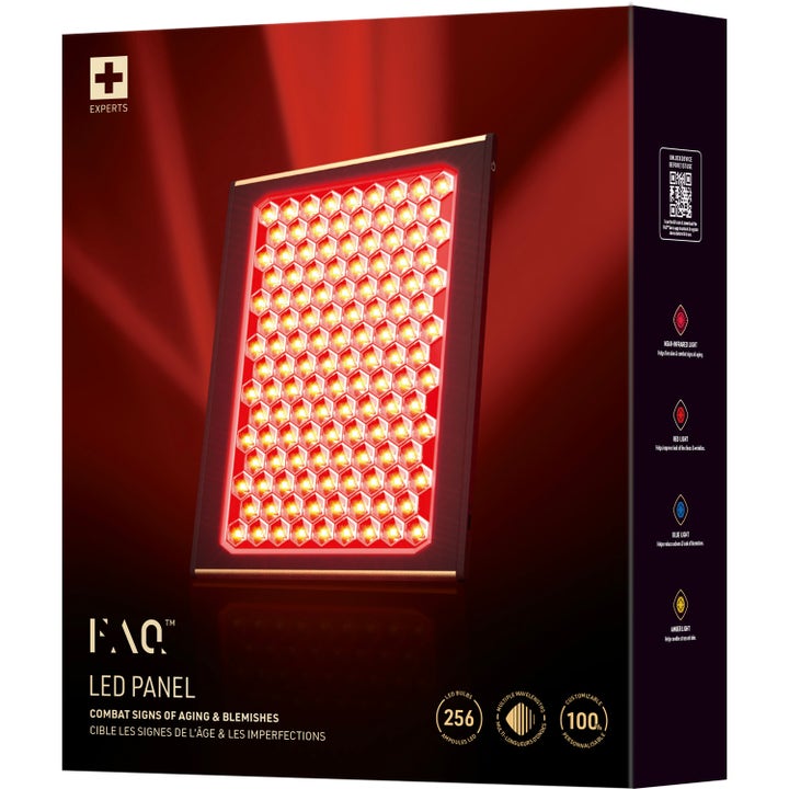 FAQ Swiss FAQ™ Led Panel 1 stk hudpleieverktøy mot aldringstegn i svart eske med bilde av panelet med røde LED-lys.