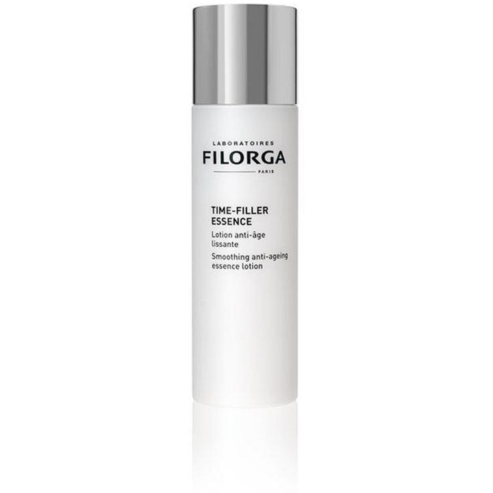 Filorga Time-Filler Essence 150 ml glattende ansiktslotion i hvit sylinderflaske med sølvfarget kork