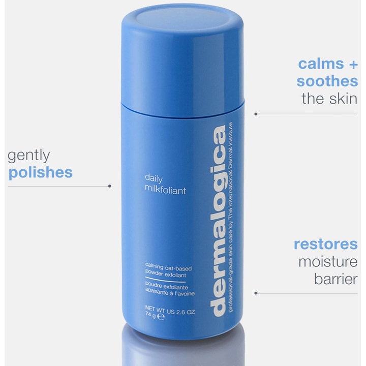 Dermalogica Daily Milkfoliant 74 g beroligende ansiktsskrubb i blå beholder som gjenoppretter fuktbarrieren