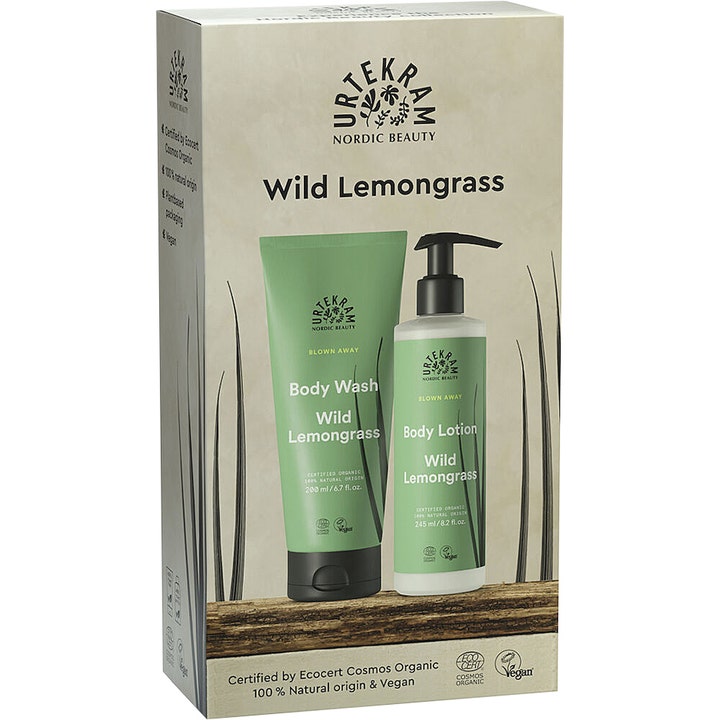 Urtekram Wild Lemongrass 200 ml og 245 ml forfriskende kroppspleiesett med grønn tube og hvit pumpeflaske i gaveeske