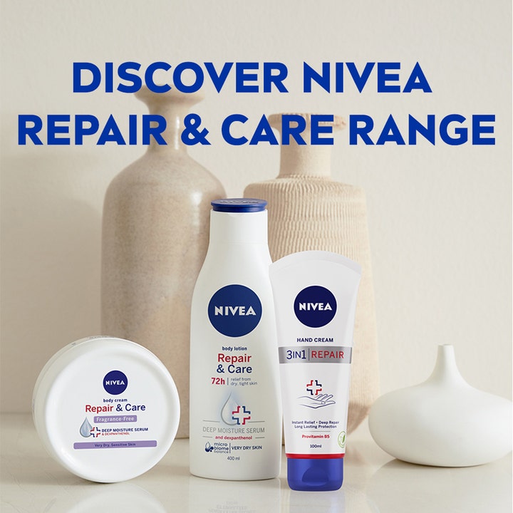 NIVEA Repair & Care 250 ml hudpleieserie for veldig tørr hud med fuktighetsgivende bodylotion, kroppskrem og håndkrem.