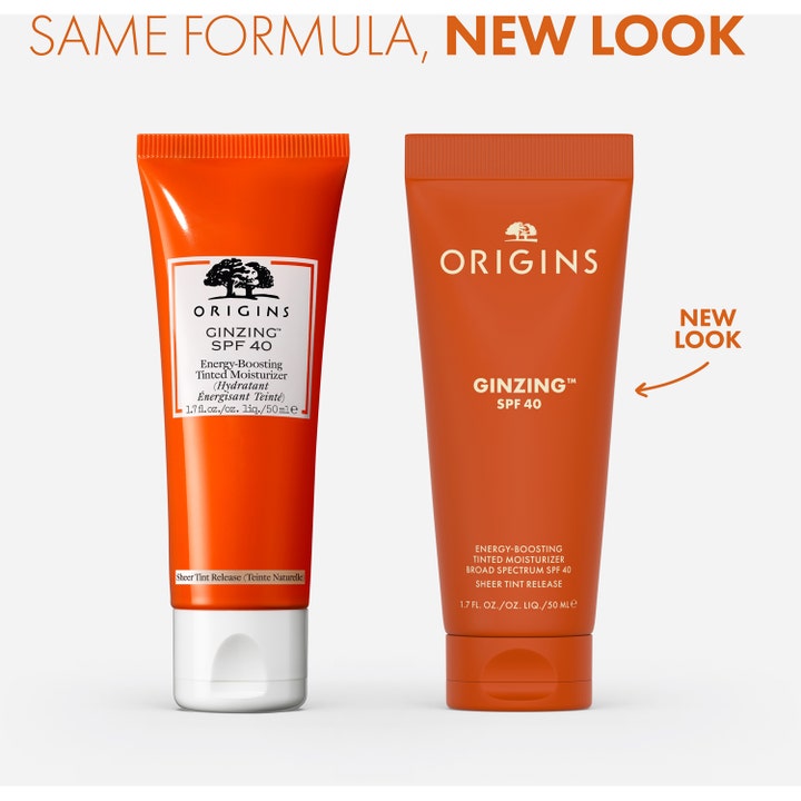 Origins GinZing SPF40 Energy-Boosting Tinted Moisturizer 50 ml viser ny og gammel design på de oransje tubene.