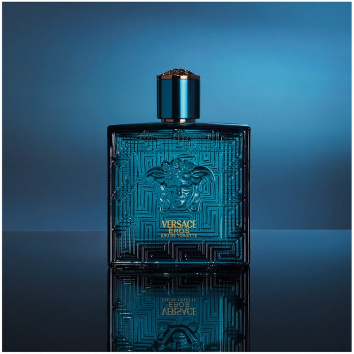 Versace Eros After Shave Lotion 100 ml beroligende etterbarbering i turkis glassflaske med medusahode.