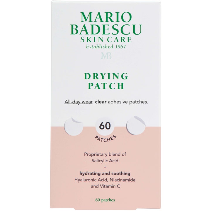 Mario Badescu Drying Patch 60 stk beroligende kviseplaster med salisylsyre i hvit og ferskenfarget eske.