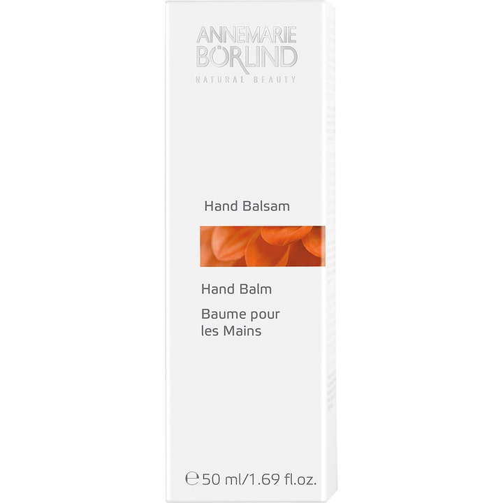 Annemarie Börlind Hand Balm 50 ml pleiende håndkrem i hvit eske med illustrasjon av oransje blader