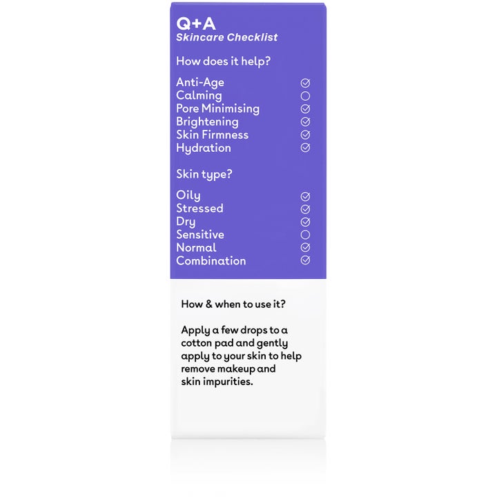 Q+A Glycolic Acid Daily Toner 100 ml eksfolierende ansiktsvann i lilla eske med sjekkliste for hudpleie.