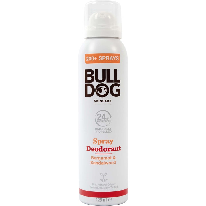 Bulldog Bergamot & Sandalwood Spray Deodorant 125 ml gir 24 timers beskyttelse i hvit sprayflaske med klar kork.