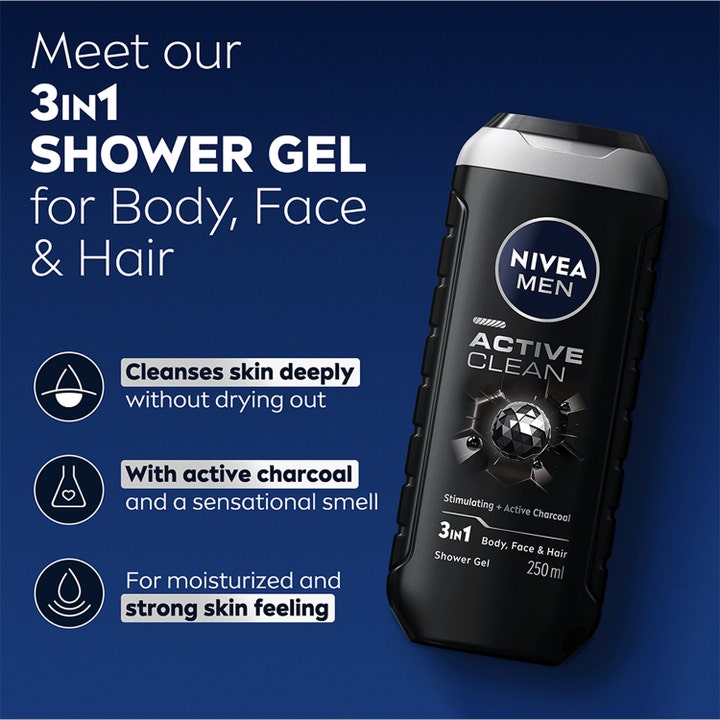 NIVEA MEN Active Clean 250 ml 3in1 dusjsåpe med aktivt kull i svart flaske gir en dyprensende og fuktgivende følelse