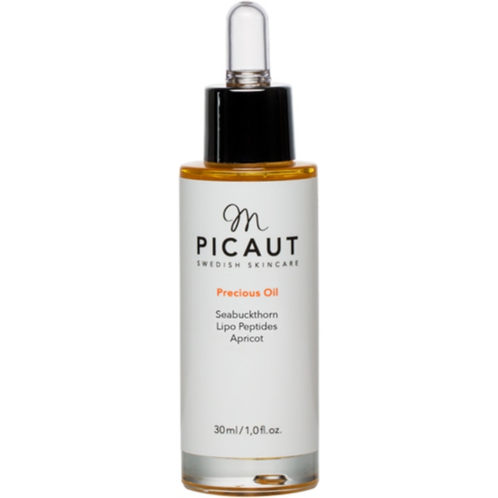 M. Picaut Precious Oil 30 ml nærende ansiktsolje med tindved i glassflaske med hvit etikett og svart pipettekork