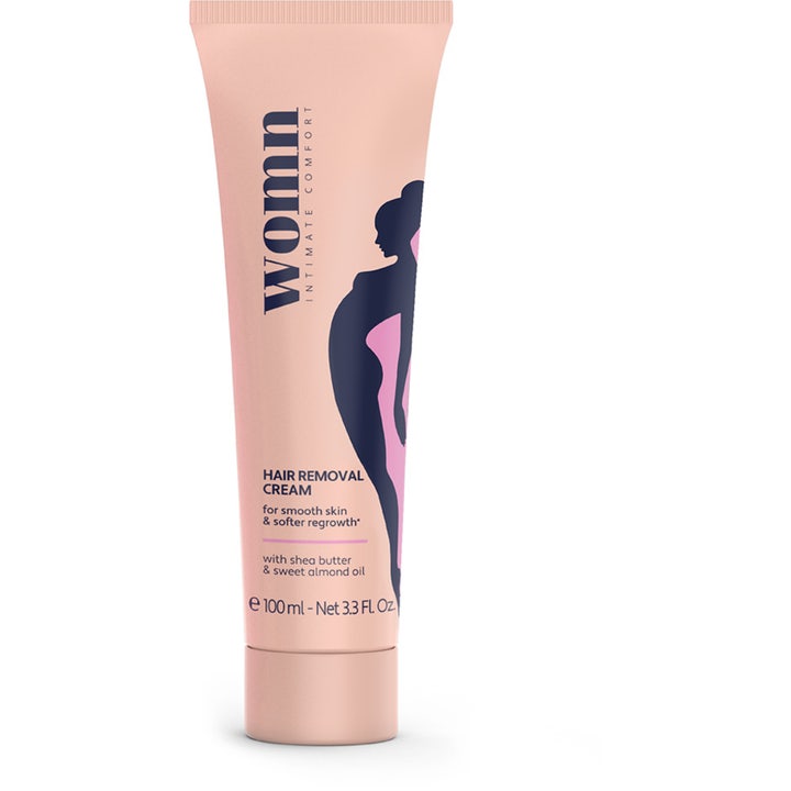 Womn Hair Removal Cream 100 ml hårfjerningskrem som gir glatt hud i en rosa tube med mørk kvinnesilhuett.
