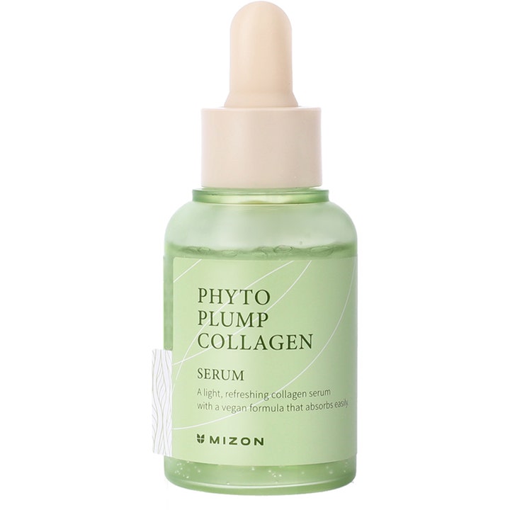 Mizon Phyto Plump Collagen Serum 30 ml fuktighetsgivende ansiktsserum i grønn glassflaske med pipette