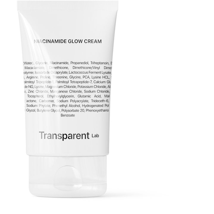 Transparent Lab Niacinamide Glow Cream ansiktskrem for glød i hvit plasttube med ingrediensliste og hvit kork