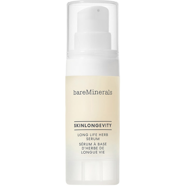 bareMinerals Skinlongevity Long Life Herb Serum 50 ml styrkende ansiktsserum i hvit pumpeflaske med gjennomsiktig kork