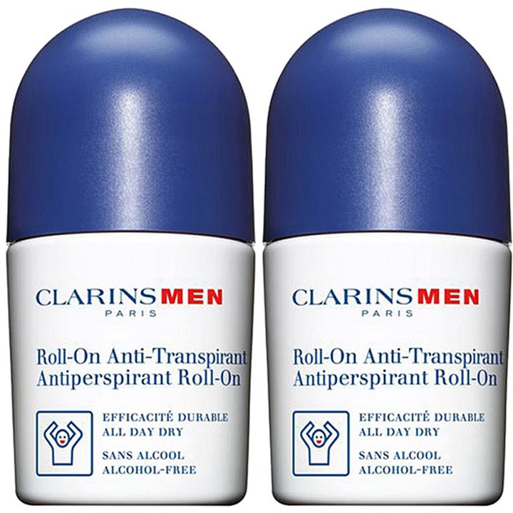 Clarins Men Antiperspirant Roll-On 50 ml gir langvarig beskyttelse i to hvite flasker med blå korker.