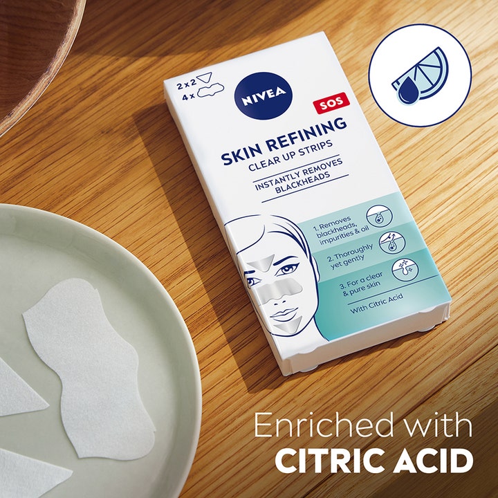 NIVEA Skin Refining Clear-Up Strips 6 stk fjerner hudormer med sitronsyre vist med løse strips på en tallerken.