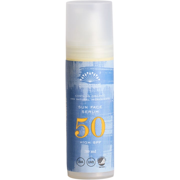 Rudolph Care Sun Face Serum 30 ml solkrem som gir SPF 50 beskyttelse i blå flaske med gult 50-tall og frostet kork.