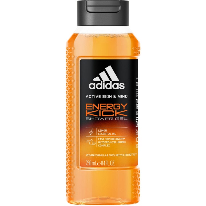 Adidas Active Skin & Mind Energy Kick 250 ml shower gel gir huden ny energi i en klar flaske med oransje innhold