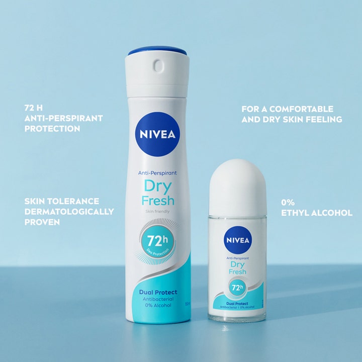 NIVEA Deo Rollon Dry Fresh 50 ml gir 72 timers beskyttelse vist som rollon i glassflaske og spray på blå bakgrunn