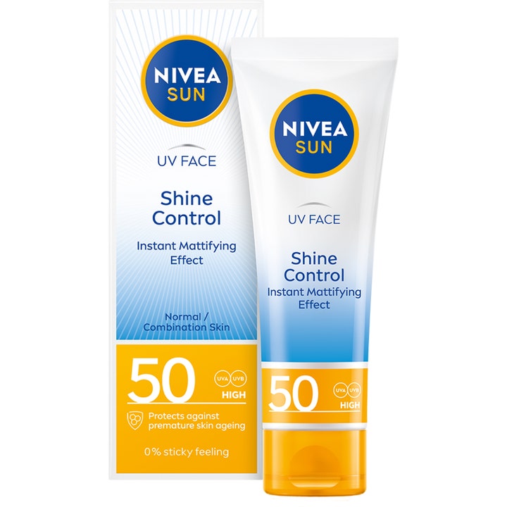 Nivea Sun UV Face Shine Control 50 ml mattende solkrem i hvit tube med gul kork og eske