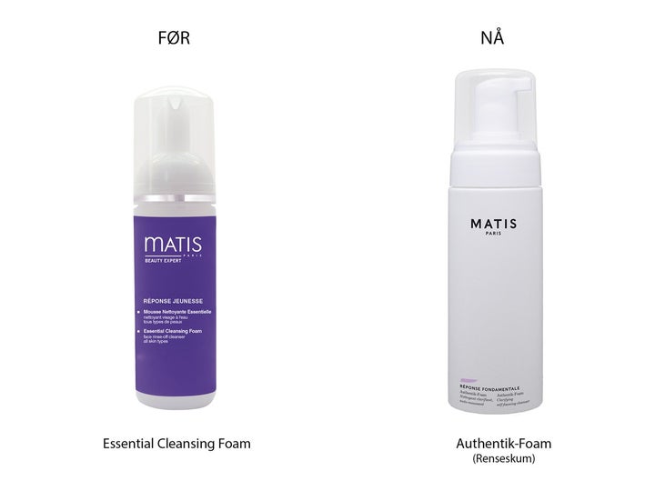 Matis Authentik-Foam 150 ml renseskum som gir ren hud i ny hvit pumpeflaske ved siden av gammelt design