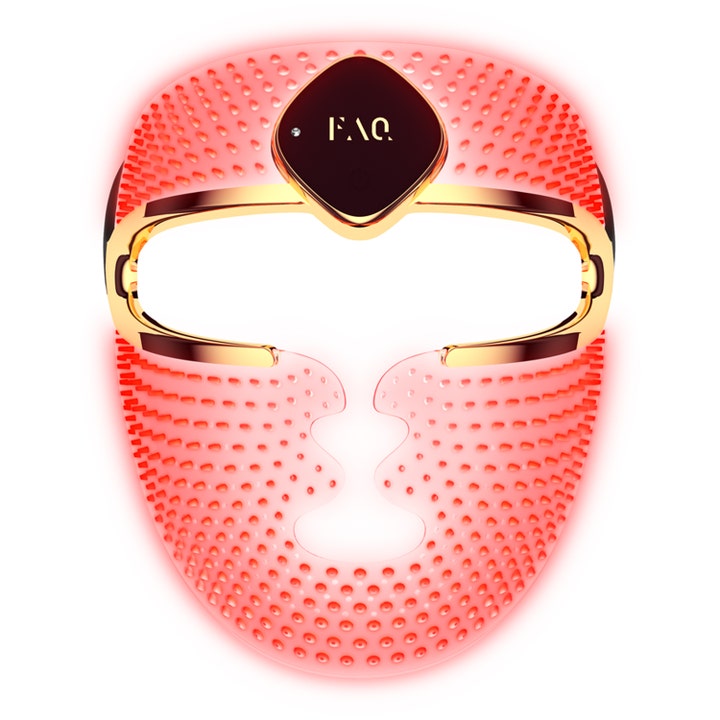 FAQ Swiss FAQ 202 LED-maske for hudfornyelse i myk gjennomsiktig silikon med rødt lys og gulldetaljer