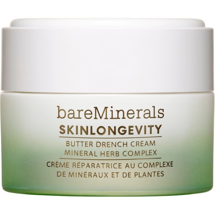 bareMinerals Skinlongevity Butter Drench Cream fuktighetsgivende ansiktskrem i grønn og hvit krukke med hvitt lokk