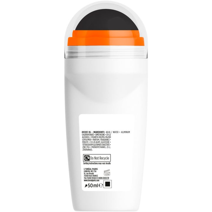 L'Oréal Paris Men Expert Derma Control Clinical Ultra Deo 50 ml roll-on mot svette viser bakside med ingrediensliste.