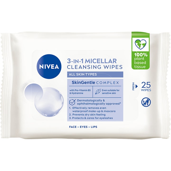 Nivea 3-in-1 Micellar Cleansing Wipes 25 stk renseservietter fjerner vannfast sminke i hvit pakke med blått logodesign