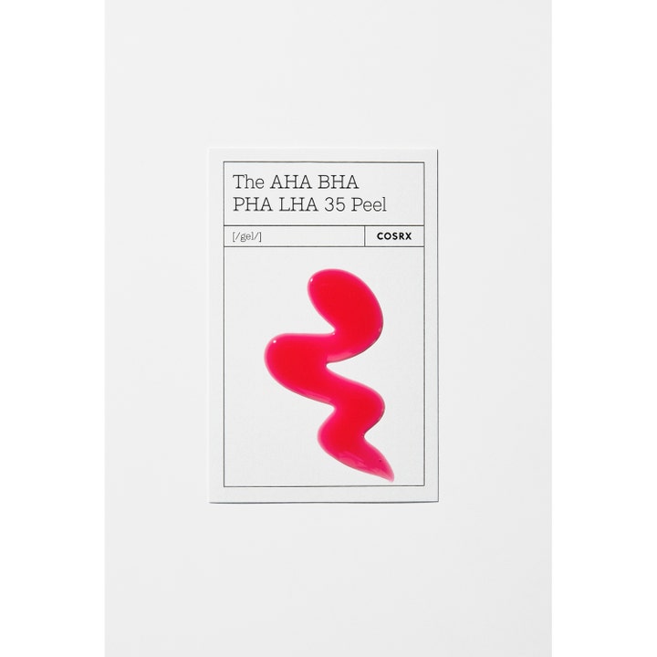 COSRX The AHA BHA PHA LHA 35 Peel 30 ml eksfolierende peeling viser en siksakformet rosa geltekstur