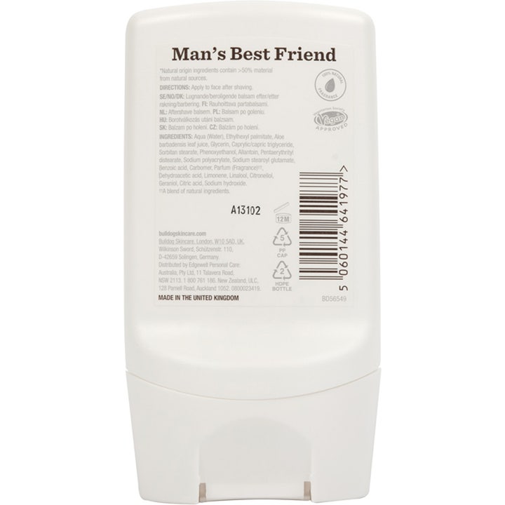 Bulldog Original After Shave Balm 100 ml beroligende aftershave viser ingredienser på baksiden av hvit flaske
