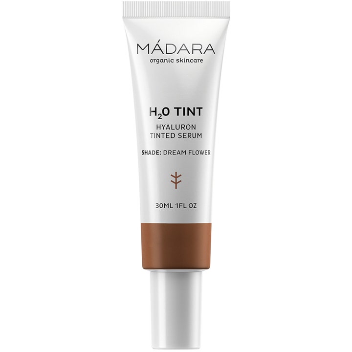 Mádara H2O Tint Hyaluron Tinted Serum 30ml fuktgivende serum i hvit tube med mørk brun nyanse og hvit kork.