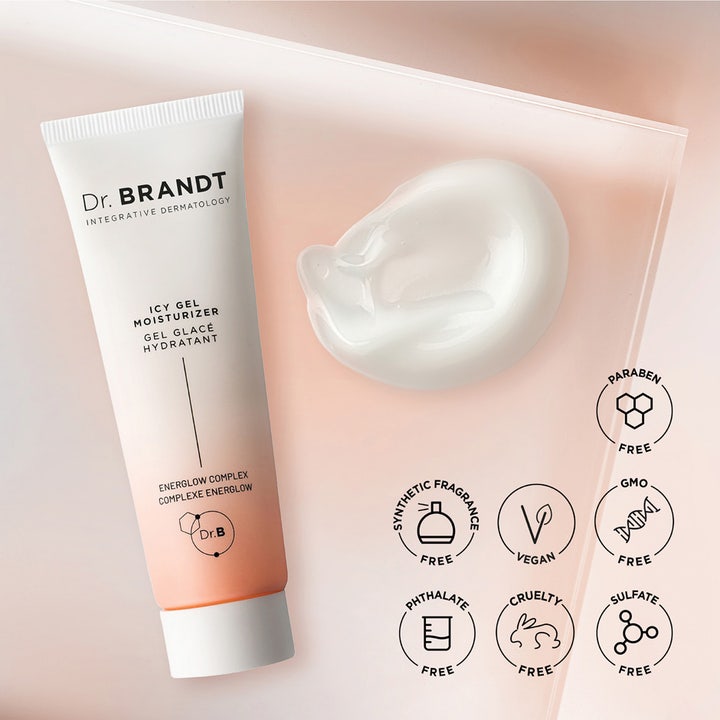 Dr Brandt iD-STRESS Fatigue Fighting Eye Gel 15 g øyekrem mot tretthetstegn hvit tube med lett gel og veganske ikoner