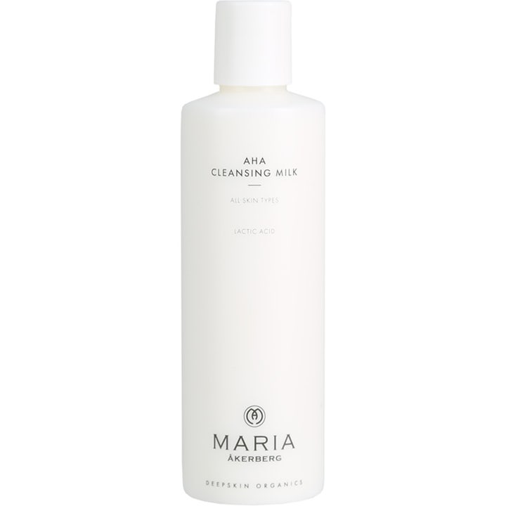 Maria Åkerberg AHA Cleansing Milk eksfolierende ansiktsrens med melkesyre i en hvit sylindrisk flaske med hvit kork