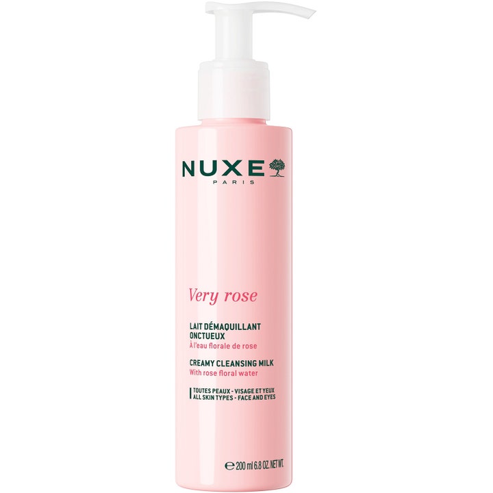 Nuxe Very Rose Creamy Cleansing Milk 200 ml beroligende rensemelk i rosa plastflaske med hvit pumpe