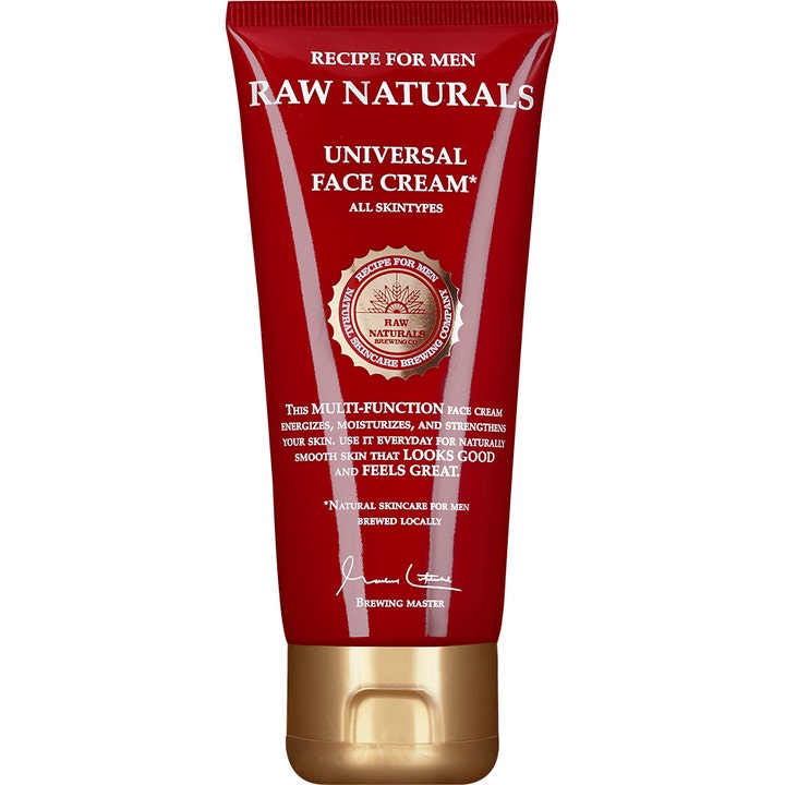 Raw Naturals Universal Face Cream fuktighetsgivende ansiktskrem for menn i rød tube med gullfarget kork.