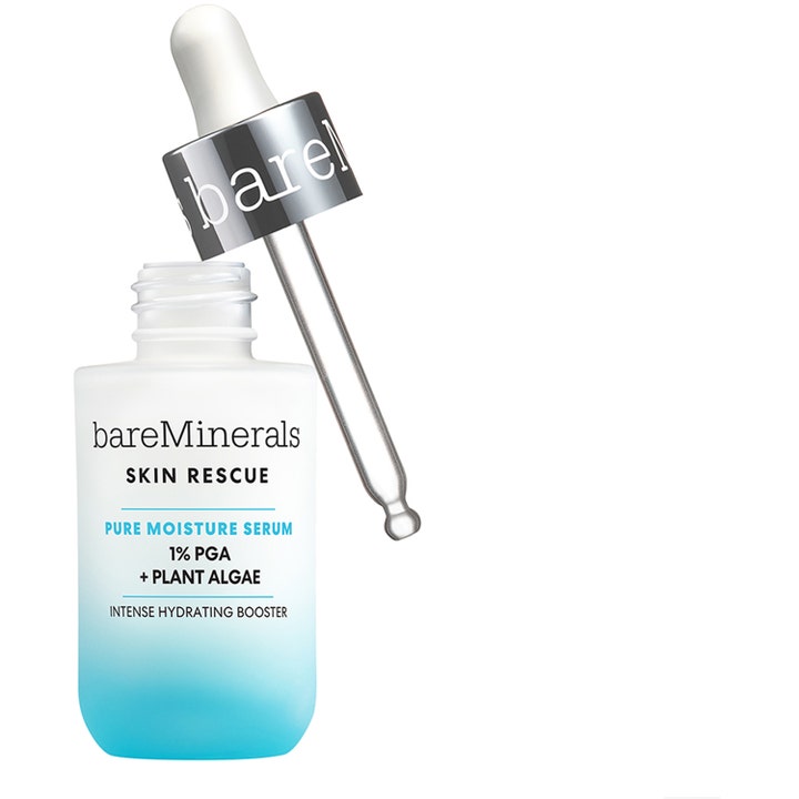 bareMinerals Skin Rescue Pure Moisture Serum fuktighetsgivende ansiktsserum i hvit og blå glassflaske med sølvfarget pipette
