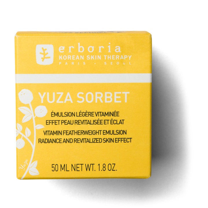 Erborian Yuza Sorbet 50 ml revitaliserende dagkrem i gul ytteremballasje som gir huden naturlig glød.