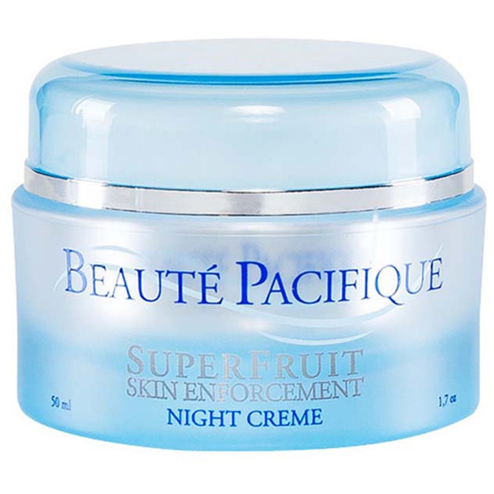 Beauté Pacifique SuperFruit Skin Enforcement Night Creme 50 ml nattkrem i lyseblå krukke med sølvdetaljer og blått lokk