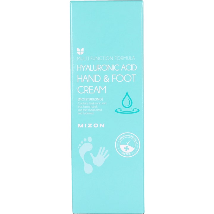 Mizon Hyaluronic Hand and Foot Cream 100 ml fuktighetsgivende krem i lyseblå eske med illustrasjon av hånd og fot