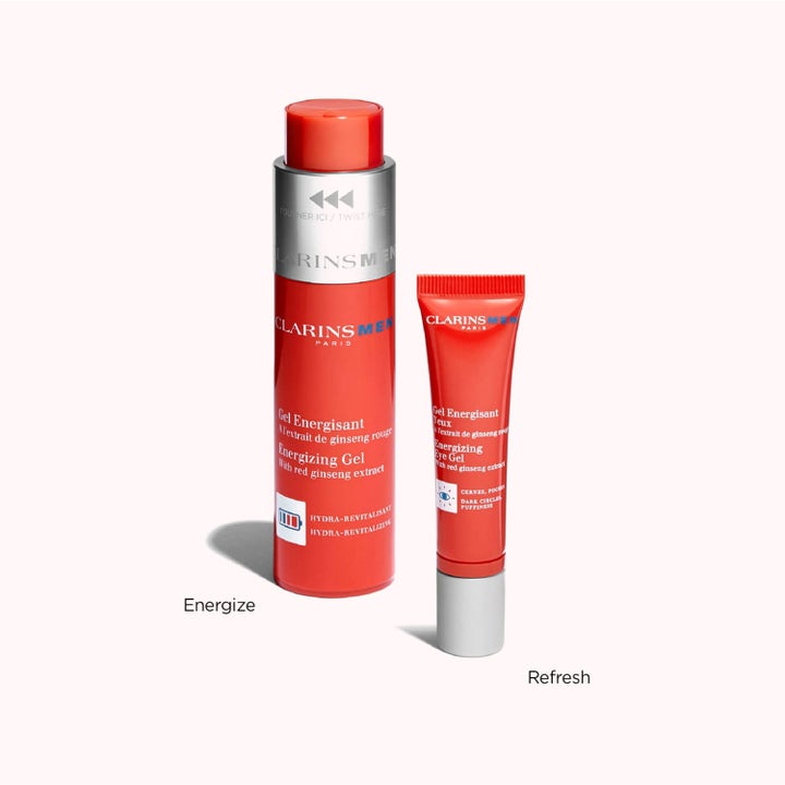 Clarins Men Energizing Gel 50 ml fuktighetsgivende dagkrem i rød pumpeflaske og oppfriskende øyegelé på tube