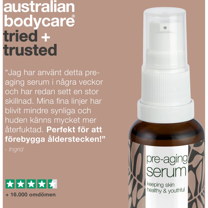 Australian Bodycare Pre-anti Age Serum 30 ml i brun glassflaske med pumpe og sitat fra en fornøyd kunde.
