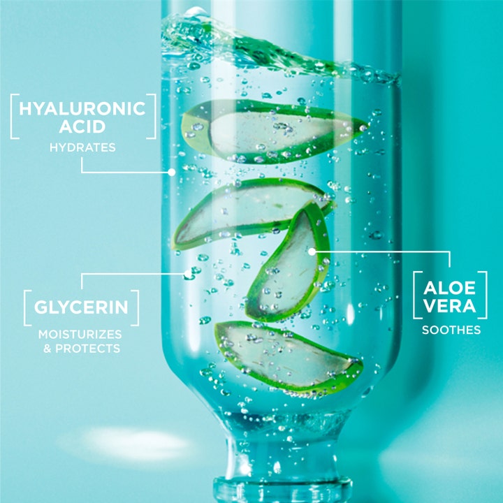 Garnier Hyaluronic Aloe Cleanser 250 ml ansiktsrengjøring viser aloe vera-skiver og tekst om hyaluronsyre som fukter huden.