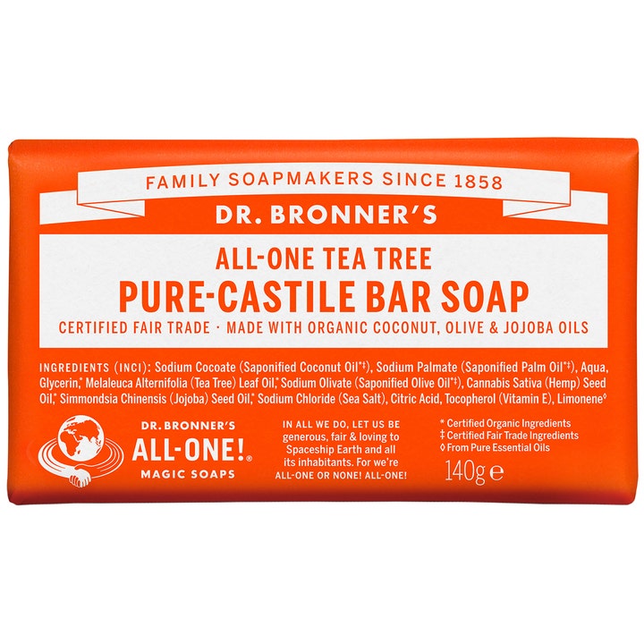 Dr. Bronner's All-One Tea Tree Pure-Castile Bar Soap 140g rensende fast såpe i oransje papiremballasje som gir ren hud