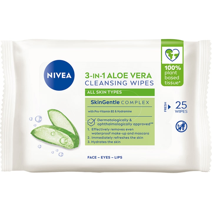 Nivea 3-in-1 Aloe Vera Cleansing Wipes 25 stk ansiktsservietter som fjerner sminke i hvit og grønn pakning med aloe vera.