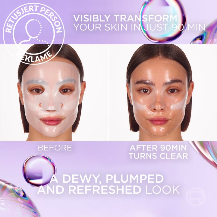 L'Oréal Paris Revitalift Filler Glass Skin Mask 1 stk ansiktsmaske før og etter bruk for en dewy look